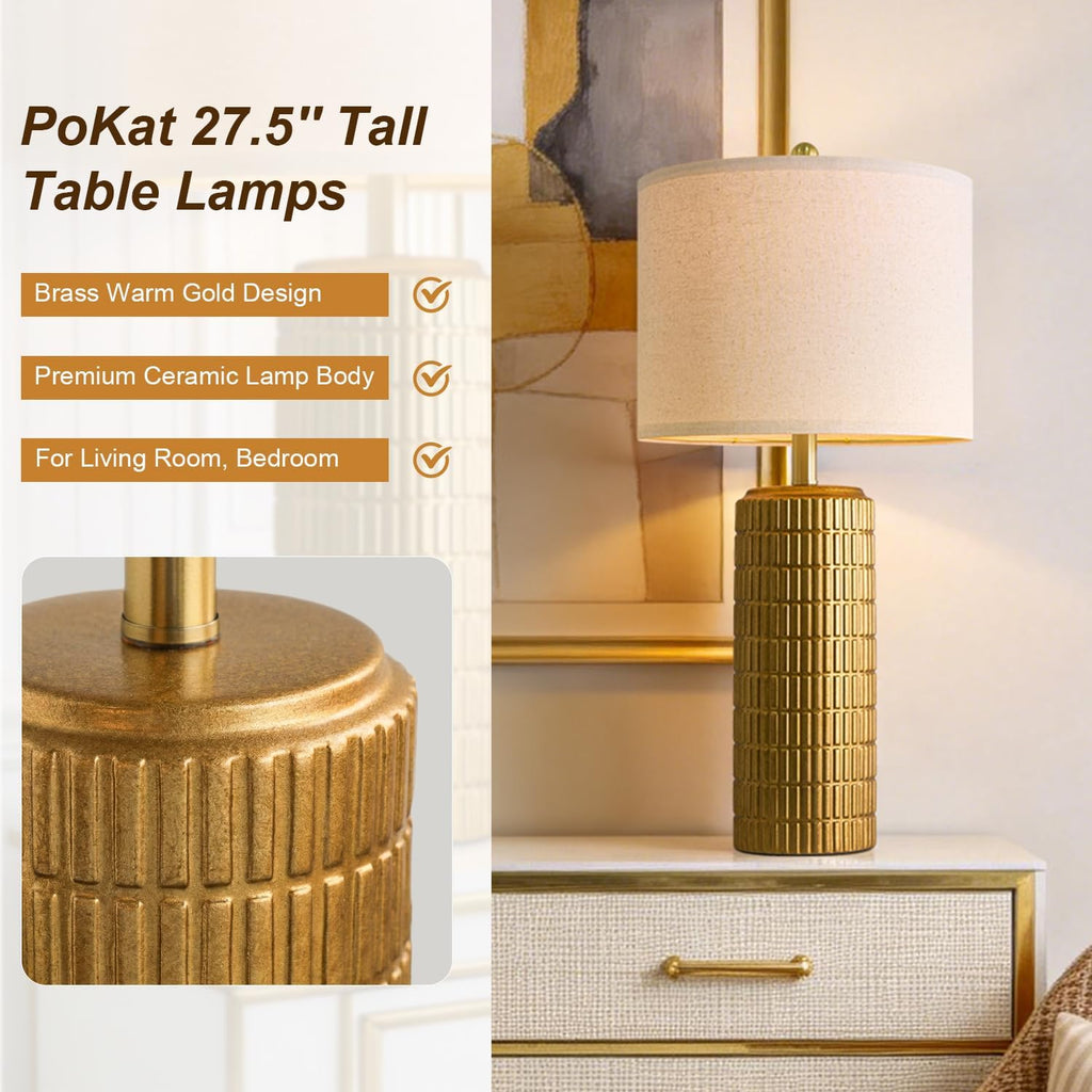 PoKat 27.5'' Tall Brass Gold Table Lamps Set of 2 for Living Room, Modern Table Lamps for Bedroom Night Stands, Retro Ceramic Bedside…