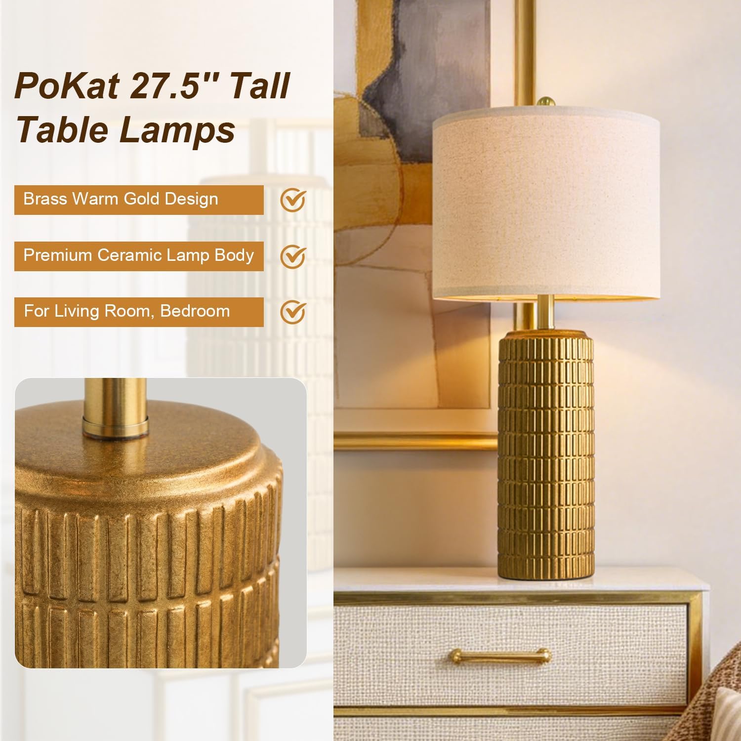 PoKat 27.5'' Tall Brass Gold Table Lamps Set of 2 for Living Room, Modern Table Lamps for Bedroom Night Stands, Retro Ceramic Bedside…
