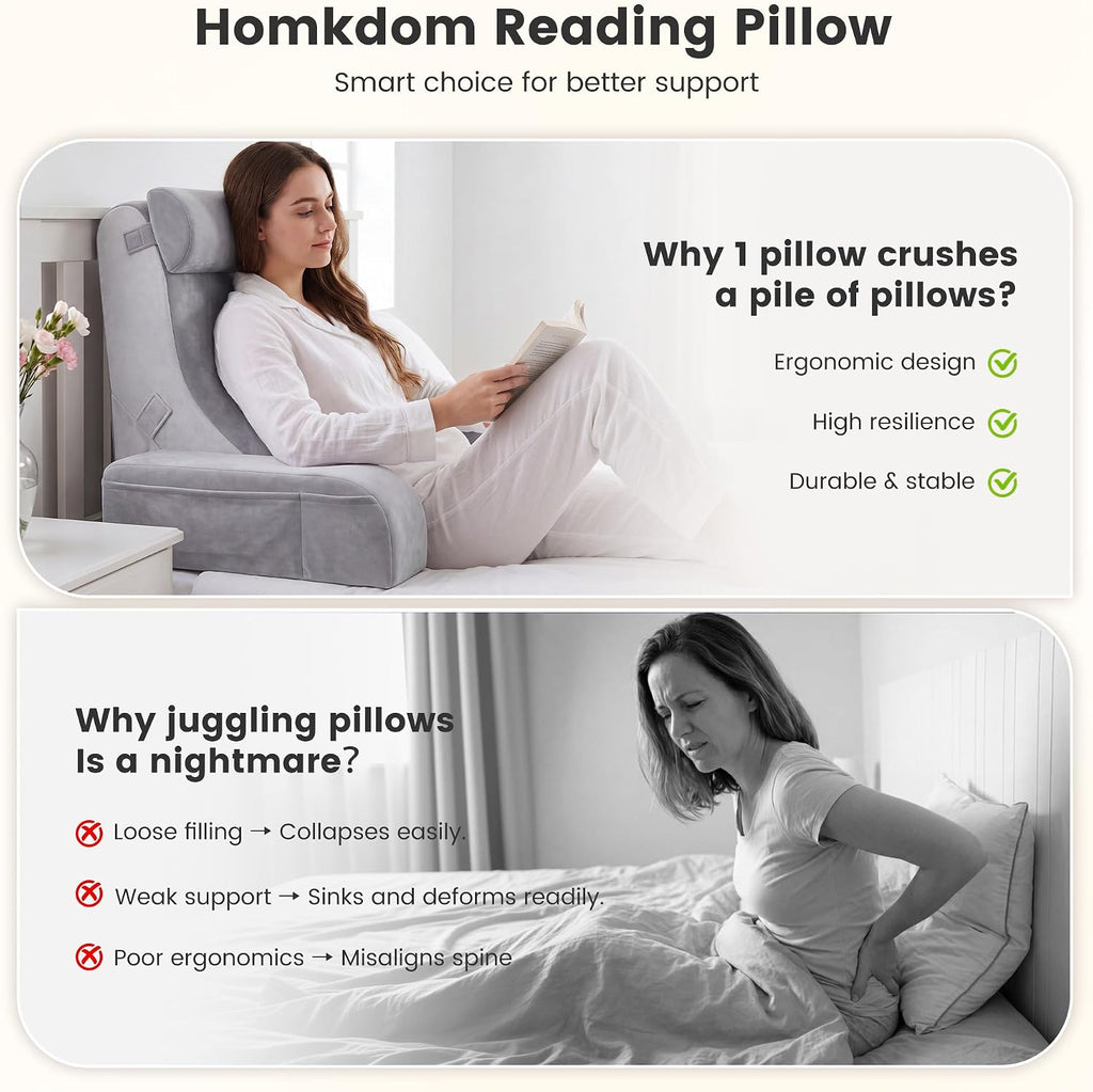 ElevateYourHome, EnhanceEver Homkdom Reading Pillow for Sitting in Bed Adult, 22" Back Pillow for Bed Sitting up with Armrests & Sto…