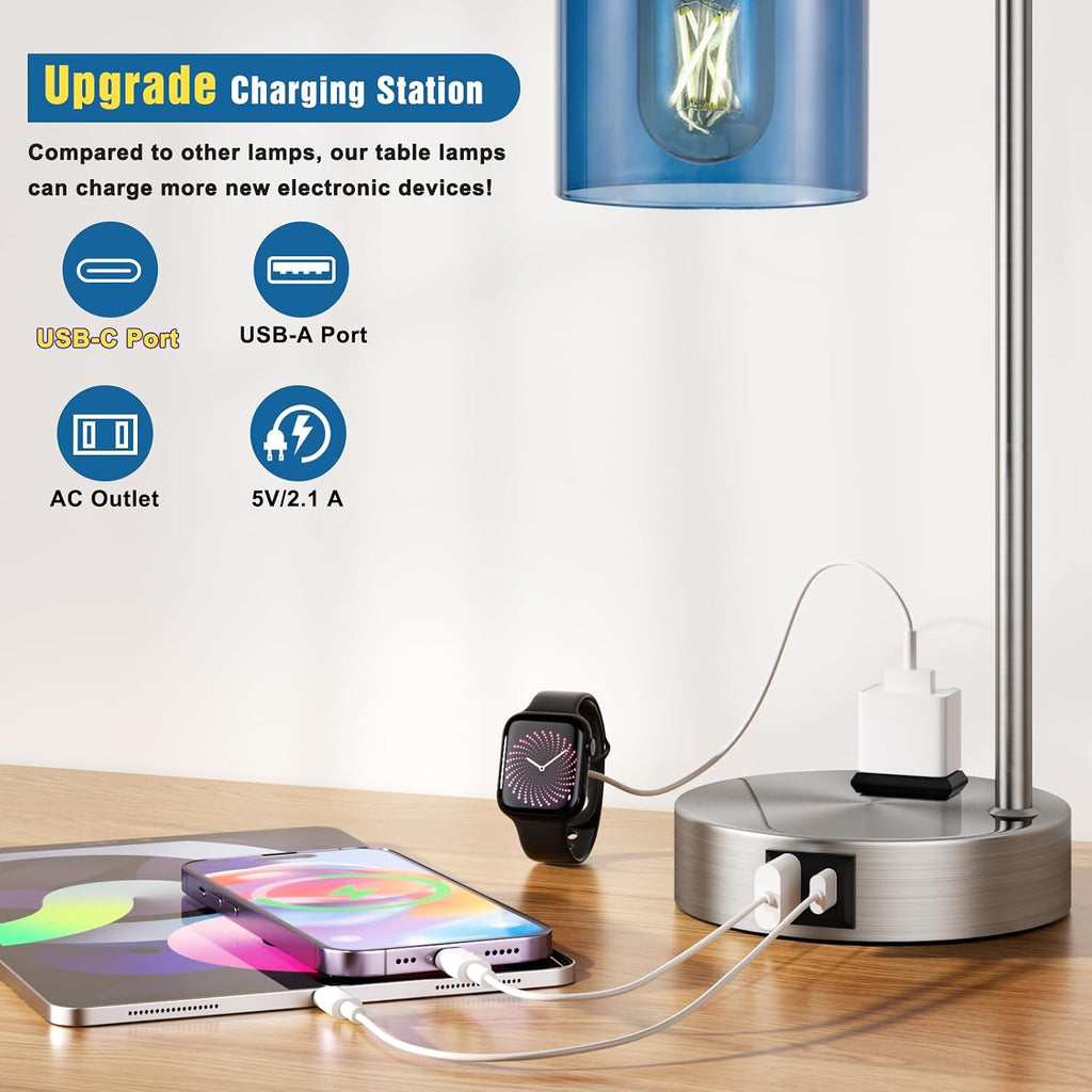 Innqoo Industrial Blue Table Lamps for Bedrooms Set of 2-3-Way Dimmable Desk Lamp with USB C+A Ports and Outlet, Nickel Lamps with Green…