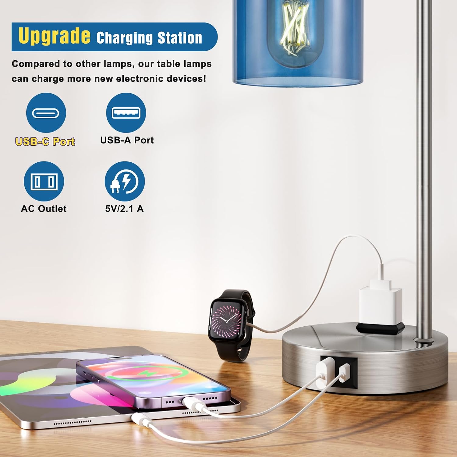 Innqoo Industrial Blue Table Lamps for Bedrooms Set of 2-3-Way Dimmable Desk Lamp with USB C+A Ports and Outlet, Nickel Lamps with Green…