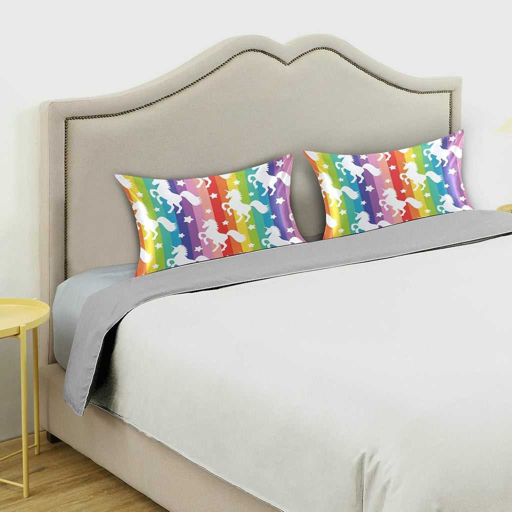 Blueangle Rainbow Stripe Unicorn Star Satin Pillowcase for Hair and Skin Silk Pillowcase, Standard Size(20x26 inches) - Satin Pillow…