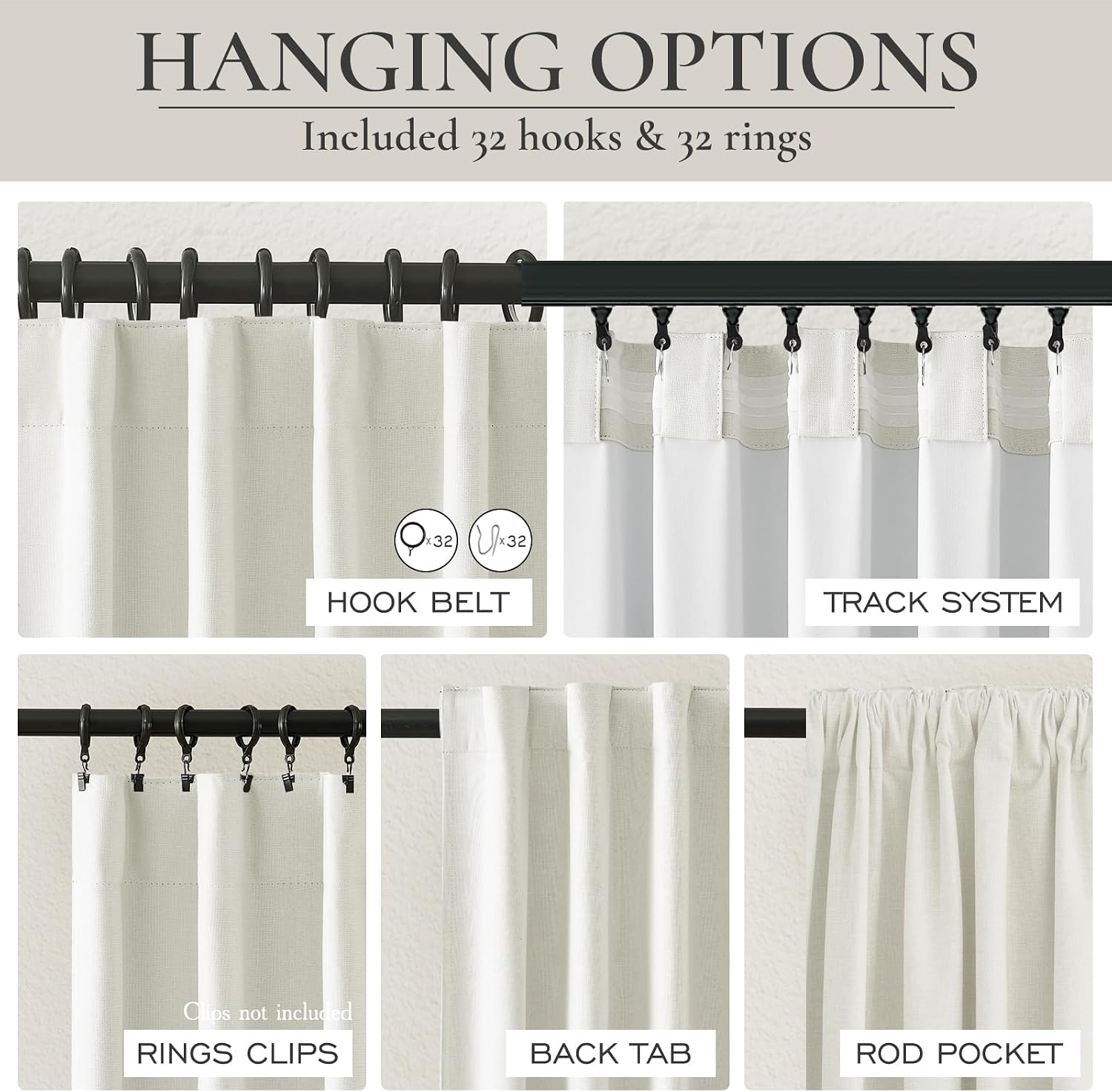 Qjmydeco Beige White 100 Inch Bedroom Curtains Blackout, Country Cottage Core Thick Linen Pleat Window Drapes for Nursery Kids Room Thermal…