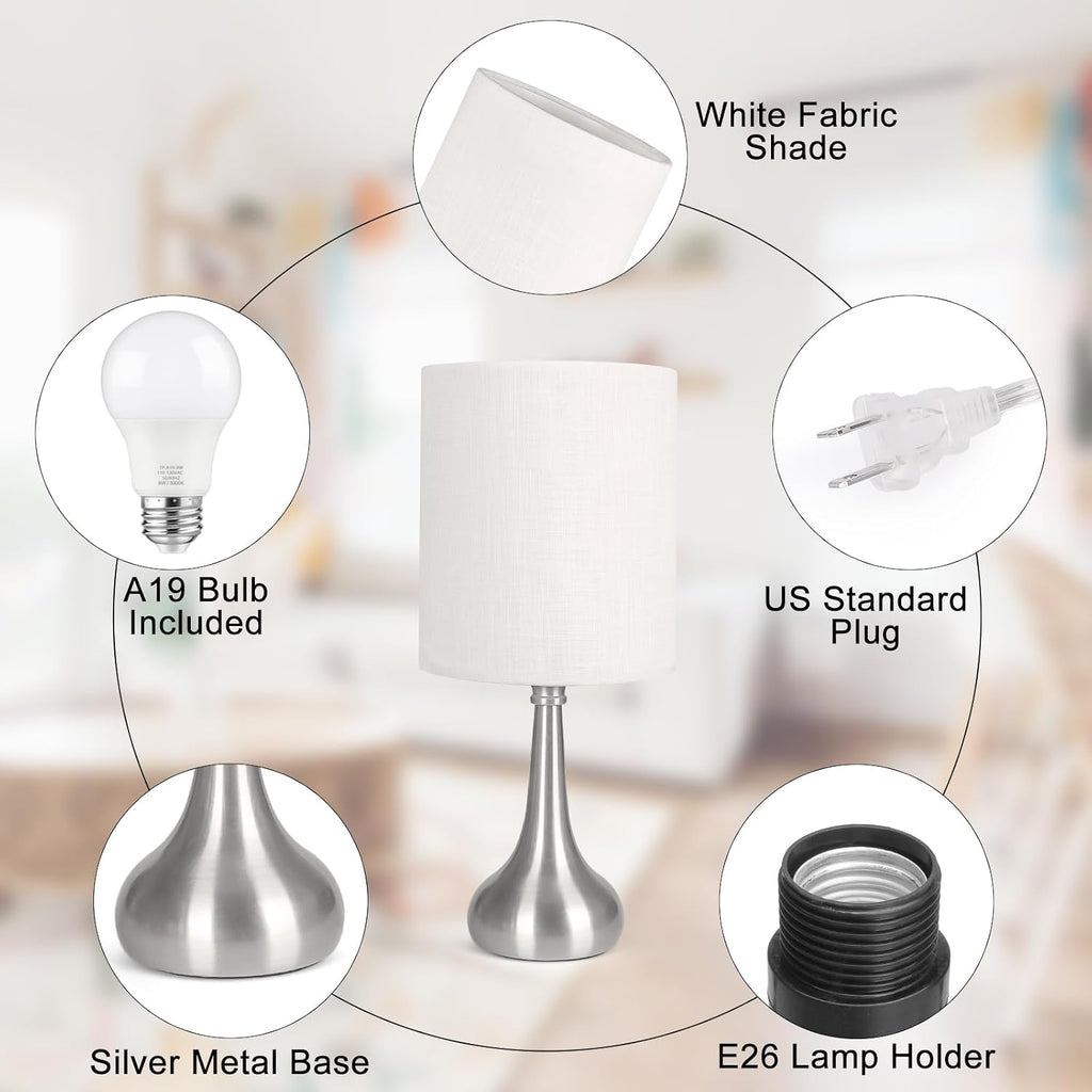Touch Control Table Lamp, 3 Way Dimmable Simple Night Light Lamp with White Lampshade Silver Metal Base, Small Bedside Table Lamp for…