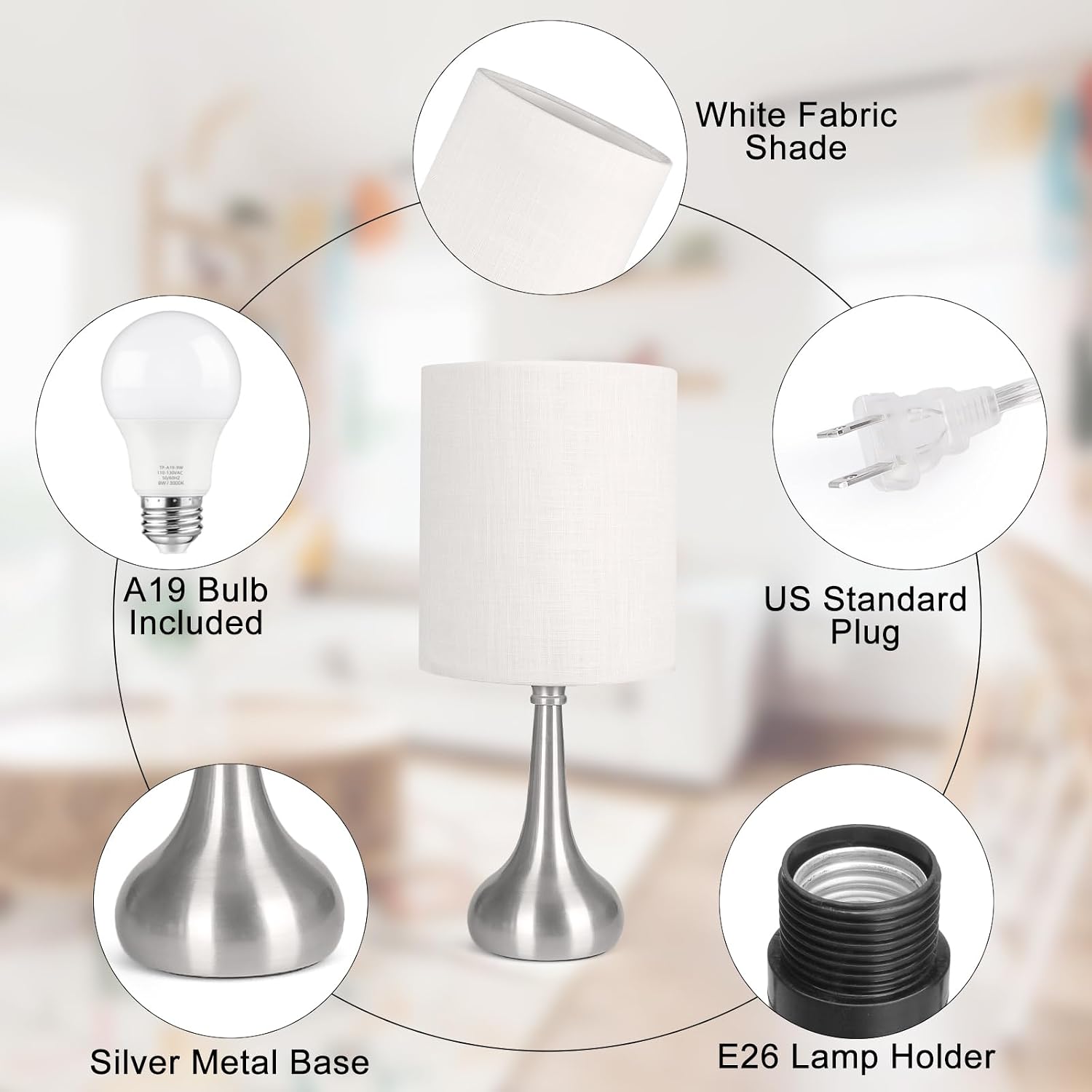Touch Control Table Lamp, 3 Way Dimmable Simple Night Light Lamp with White Lampshade Silver Metal Base, Small Bedside Table Lamp for…