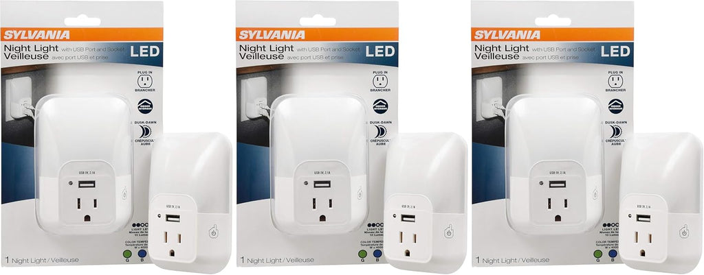 LEDVANCE Sylvania LED Night Light with USB Port and Socket, 3-Color Select, Frosted, 3000K, 5 Lumens, Cool White - 3 Pack (64991)