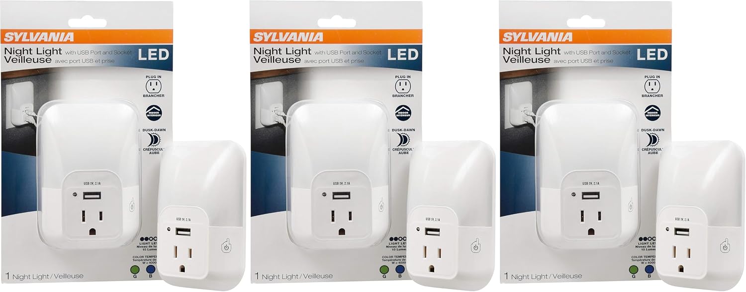 LEDVANCE Sylvania LED Night Light with USB Port and Socket, 3-Color Select, Frosted, 3000K, 5 Lumens, Cool White - 3 Pack (64991)