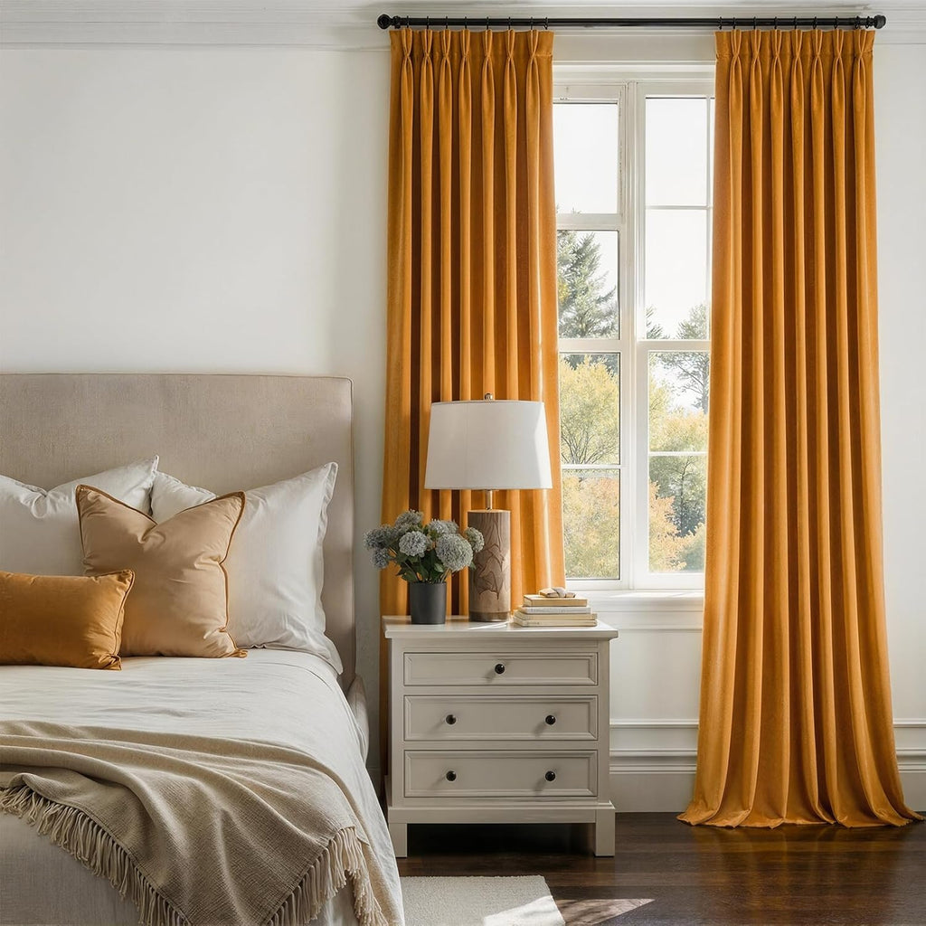 Drapenova 102 Inch Long Yellow Custom Velvet Curtains for Living Room Bedroom Elegant Luxury Pinch Pleat Room Darkening Blackout Dra…