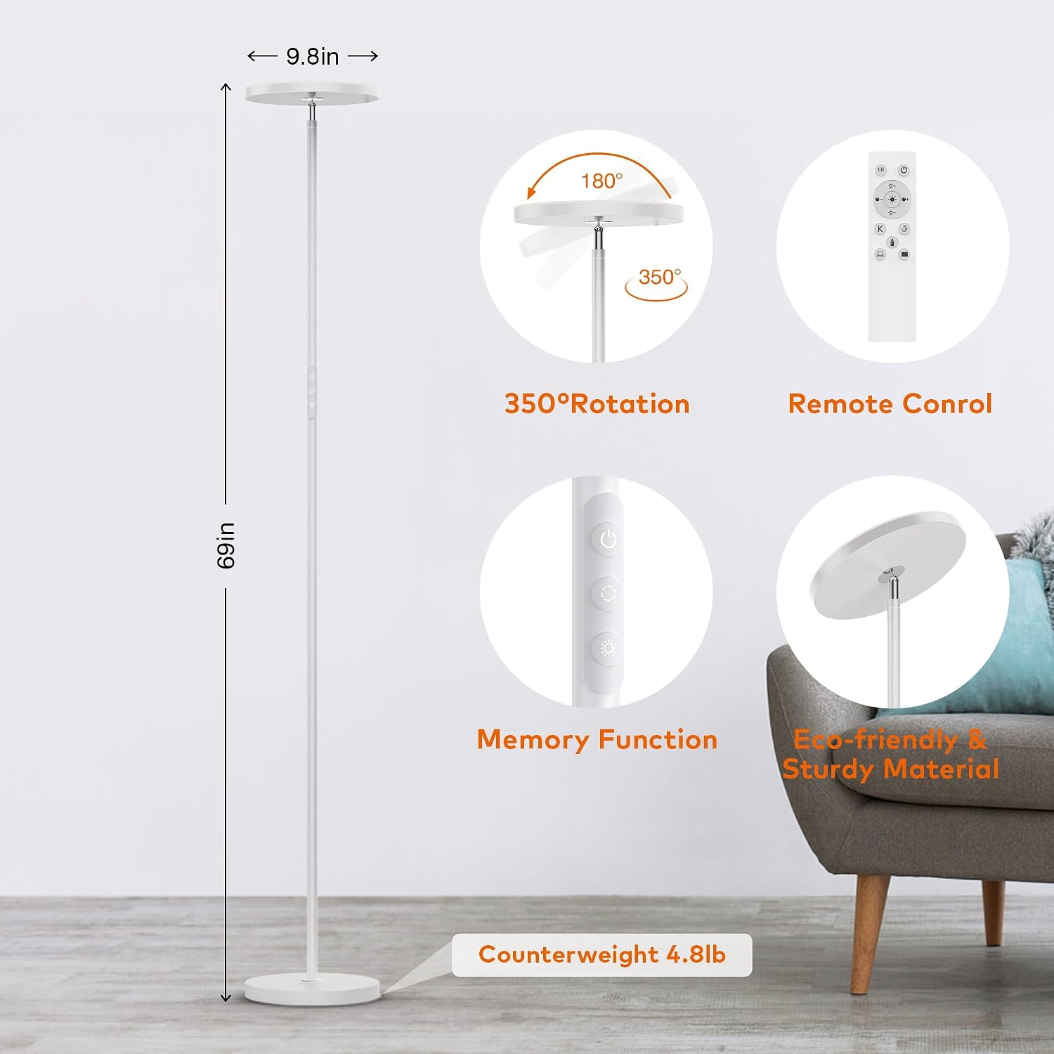 Floor Lamp, Bright 36W 3500LM Standing Lamp with Remote, 2700K Soft White to 6500K Cool White Adjustable, Touch Control Dimmable Torchiere…