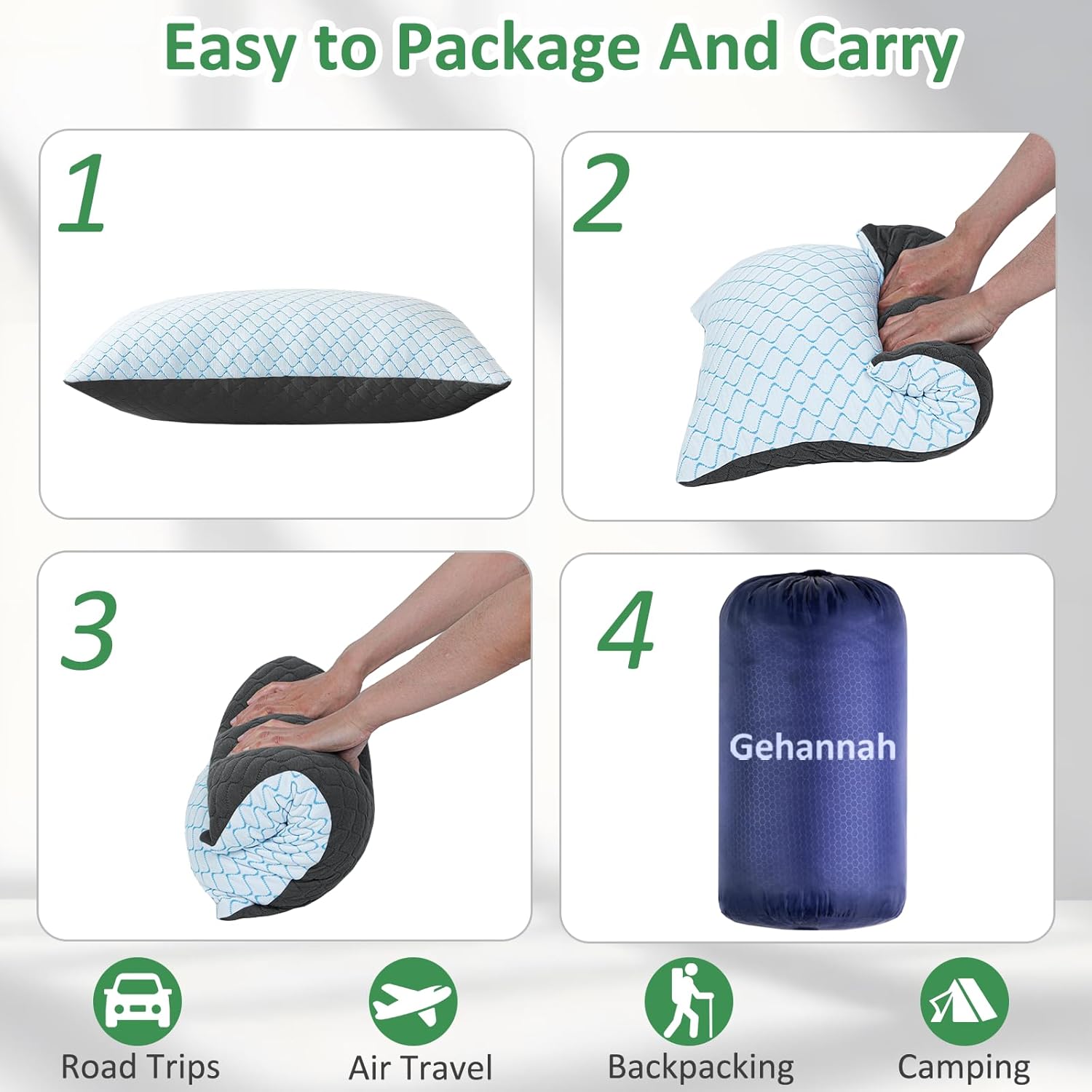 Gehannah Travel Pillow - Large 1 Pack Compressible Camping Pillow for Sleeping - Shredded Memory Foam with 1 Storage Bags - Supportive for…