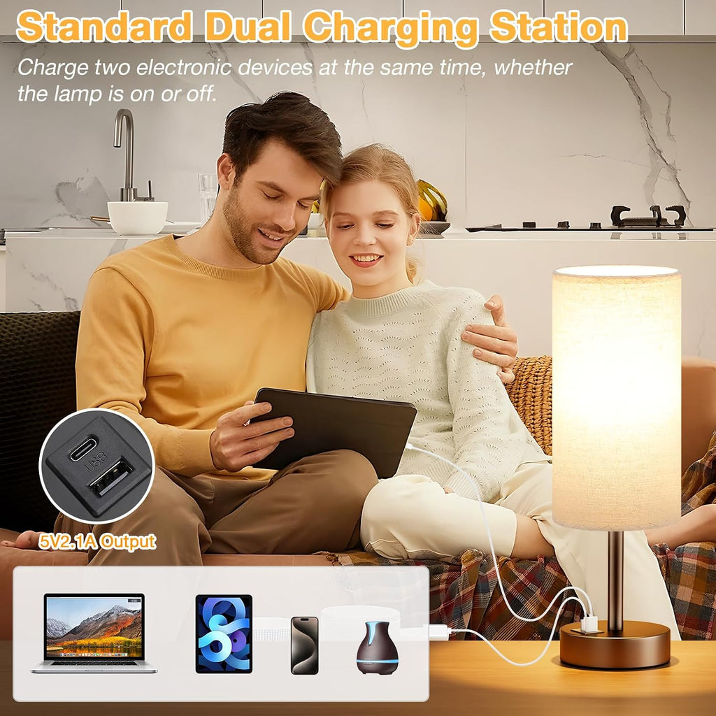 Dicoool Beige Touch Table Lamp for Bedroom - 3 Way Dimmable Bedside Lamp with USB, Nightstand Lamp with Brown Charging Station for Desk…