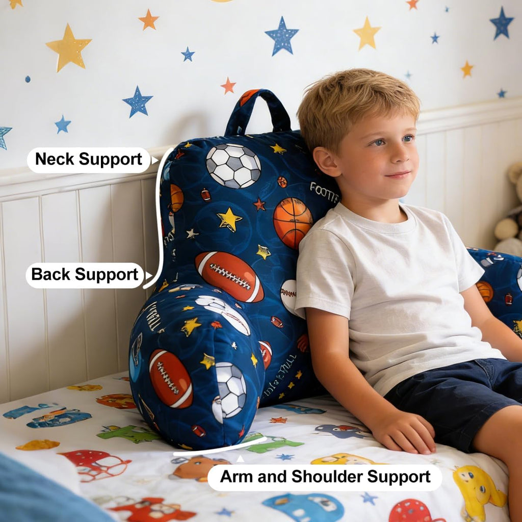 Holawakaka Reading Pillow with Arms, Sports Baseball Basketball Rugby Print Plush Bed Rest Pillows for Kids Teens Sitting in Bed, Sofa, Chai…