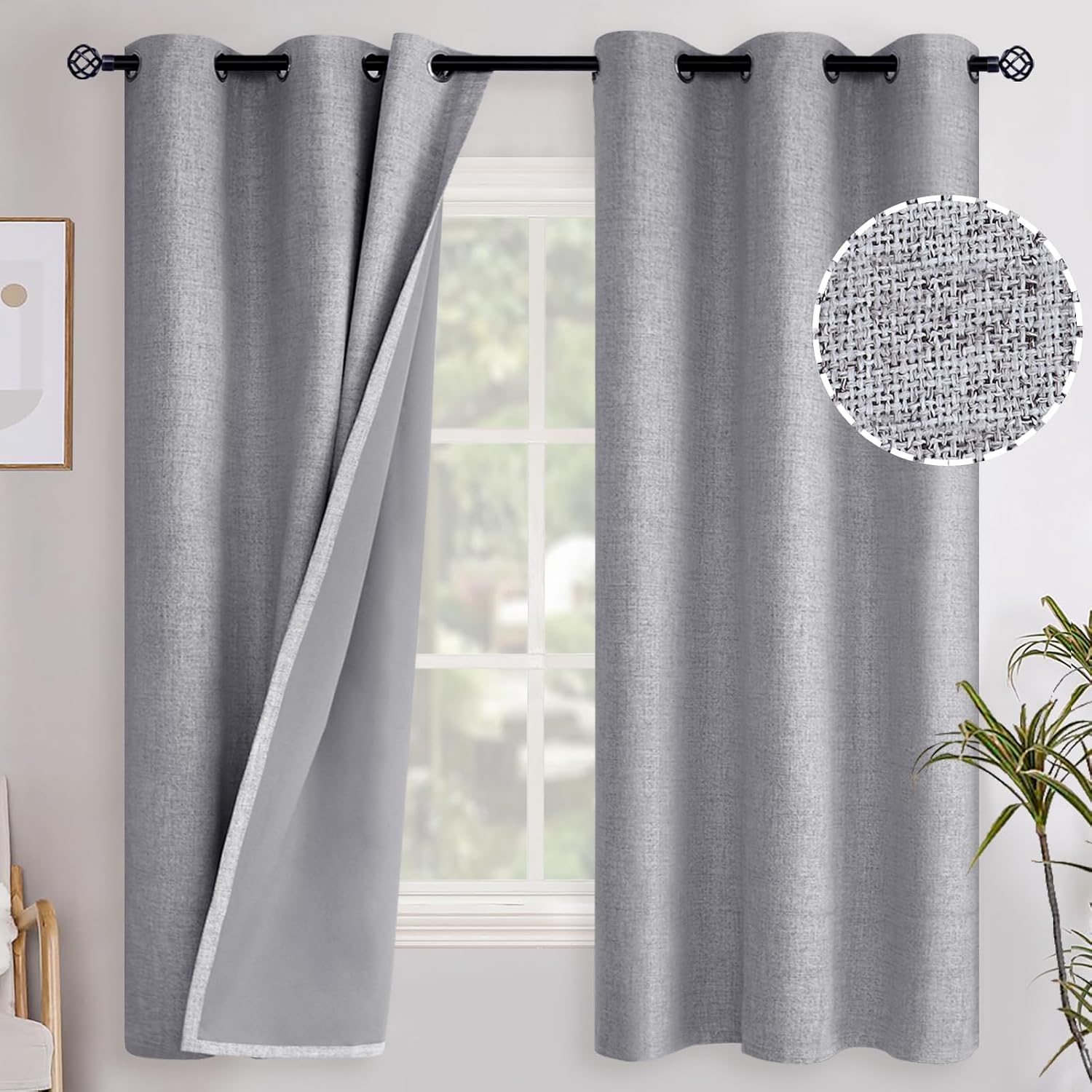 YoungsTex Grey Linen Blackout Curtains for Bedroom, Heat and Full Light Blocking Burlap Textured Drapes for Living Room Farmhouse Thermal I…