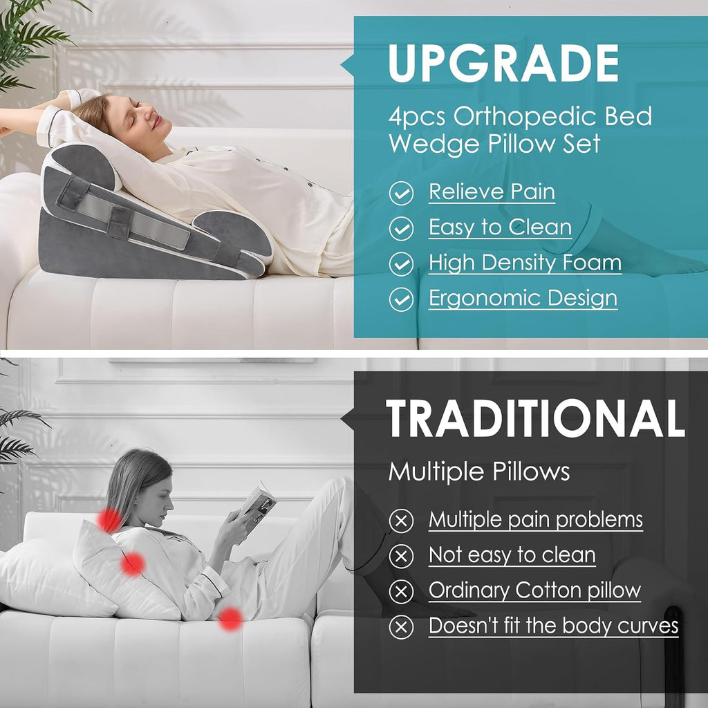 Wgakced 4Pcs Wedge Pillow Set for After Surgery, Acid Reflux Relief, Adjustable Bed Wedge Pillows for Sleeping, Anti Snore, Memory Foam Trian…