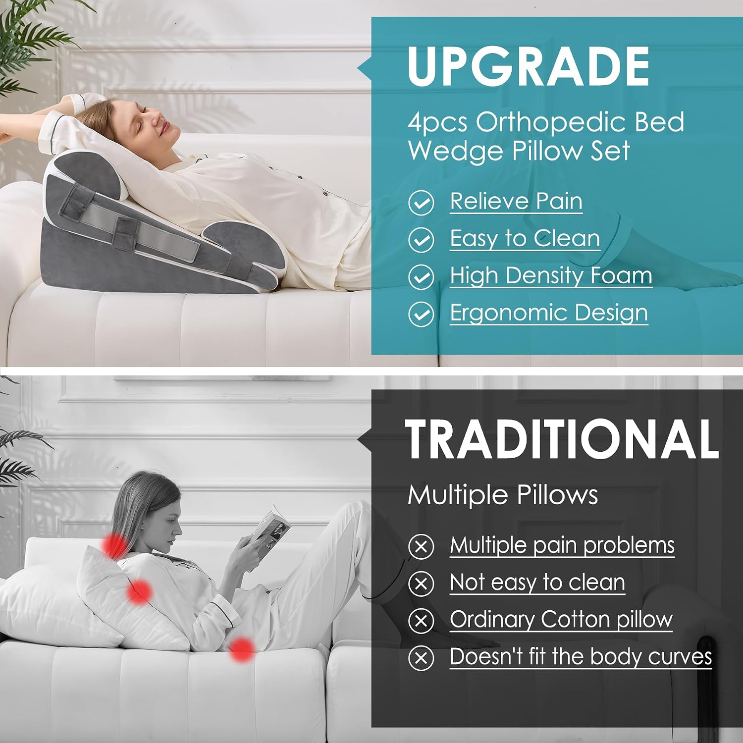 Wgakced 4Pcs Wedge Pillow Set for After Surgery, Acid Reflux Relief, Adjustable Bed Wedge Pillows for Sleeping, Anti Snore, Memory Foam Trian…