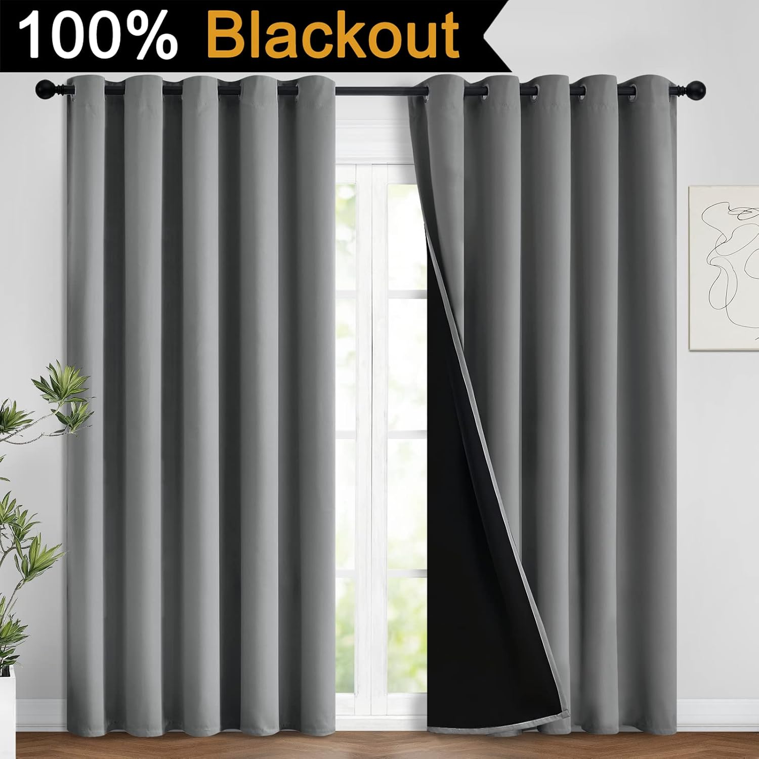 Yakamok 100% Grey Blackout Curtains for Bedroom, Light Blocking Thermal Insulated Noise Reducing Blackout Drapes for Living Room(62Wx96L, 2…