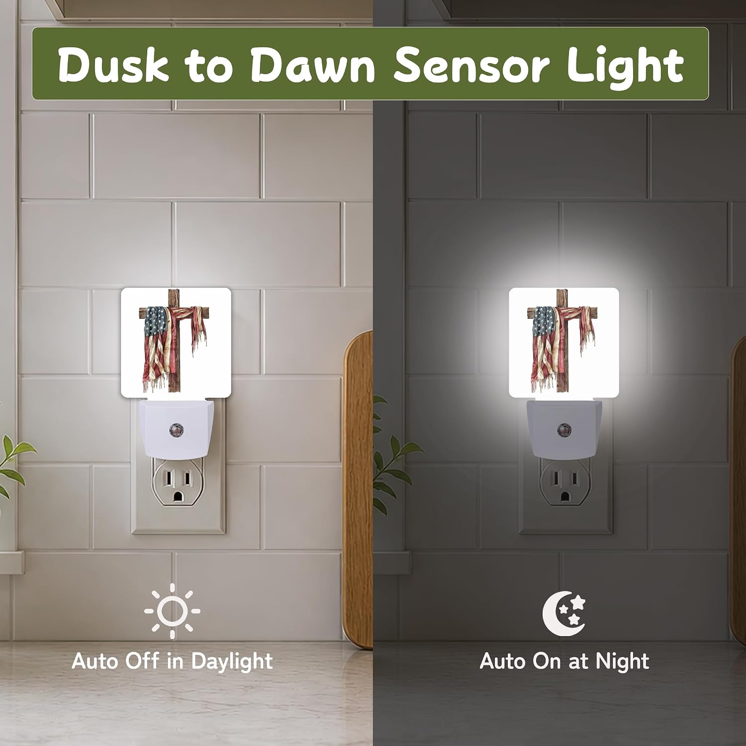 Patriotic Rustic Cross Night Lights Plug into Wall, Night Light for Bedroom Bathroom Hallway Kitchen, Auto Dusk to Dawn Sensor Decorative…