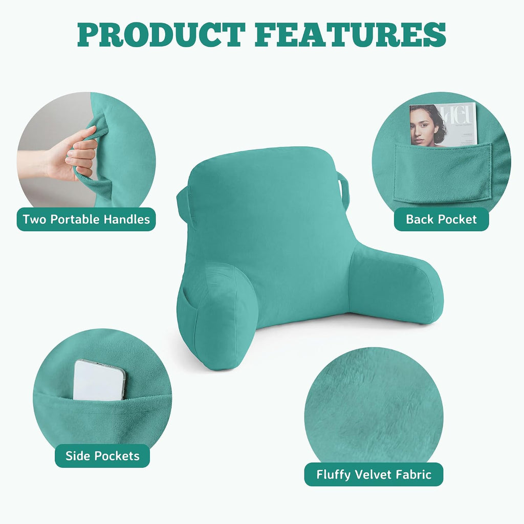 Unisakey Portable Comfy Reading Pillows for Bed Sitting Up(Lake Blue Oeko-Tex), Velvet Back Pillow with Arms & Pockets for Adults…