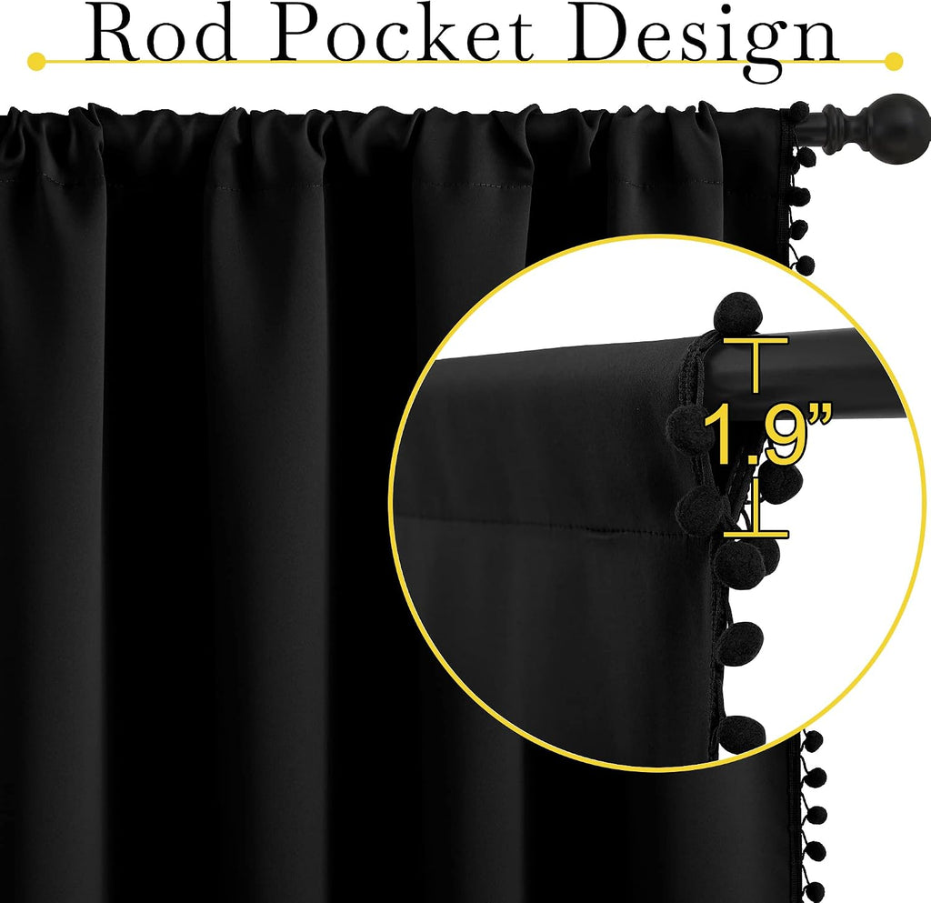 NICETOWN 2 Panels Blackout Curtains, Rod Pocket Pom Pom Curtains, Pretty Thermal Insulated Solid Farmhouse Drapes for Living Room, Patio…