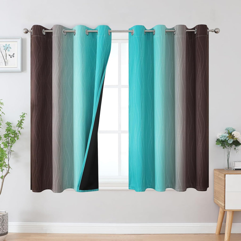 Estelartextiler Estelar Textiler Teal and Brown Blackout Curtains 54 Inch Length, Light Blocking Gradient Grommet Drapes for Living Room, T…
