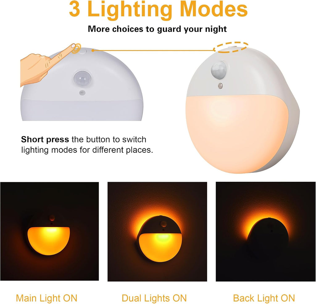 YUNLEX 2 Pack Amber Night Light, Battery Operated Night Light, 2.6" Small Sticky Lights, Dimming, 3 Light Modes, Motion Sensor Lights for…