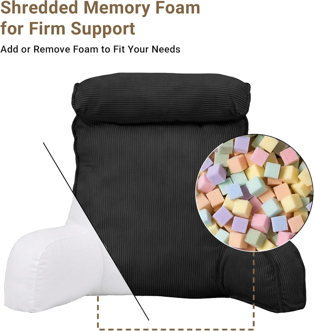 Reading Pillow for Bed with Detachable Neck Roll and Shredded Memory Foam, Back Pillow with Arms for Sitting Up, Washable Bed Rest Pillow…