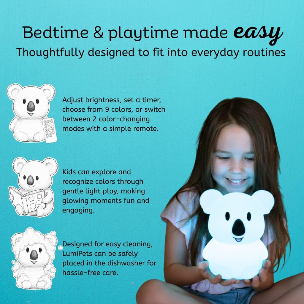 LumiPets Keith the Koala Squishy Night Light for Kids | Silicone Lamp with Tap & Remote Control | Rechargeable, 9 Color Changing Animal…