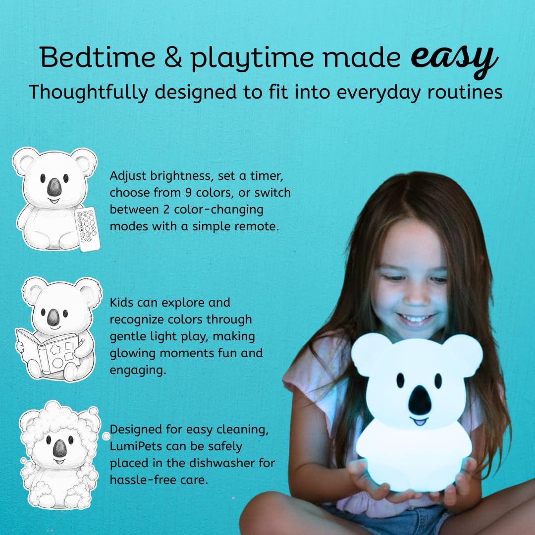 LumiPets Keith the Koala Squishy Night Light for Kids | Silicone Lamp with Tap & Remote Control | Rechargeable, 9 Color Changing Animal…