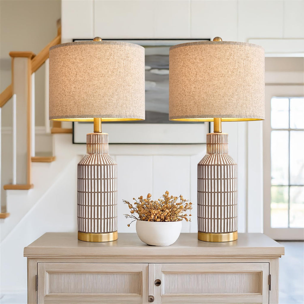 USumkky 25" Table Lamps Set of 2, Modern Ceramic Bedside Lamps - Farmhouse Brown Nightstand Lamps for Bedroom, Boho Living Room End Table…