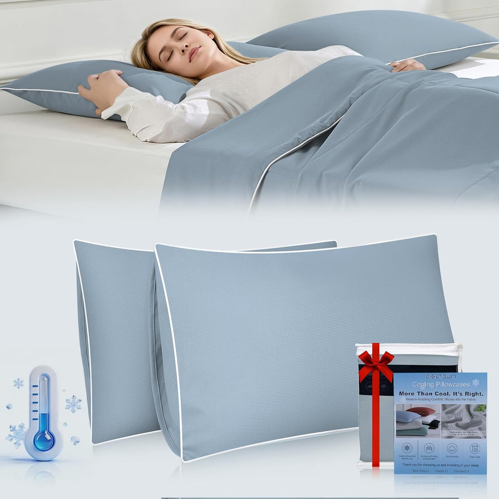 Cieltown Cooling Pillow Cases for Hot-Sleepers: Q-Max ≥0.4 Nylon Spandex Cool-to-Touch for Night Sweats - Waffle Weave for Dry & Com…