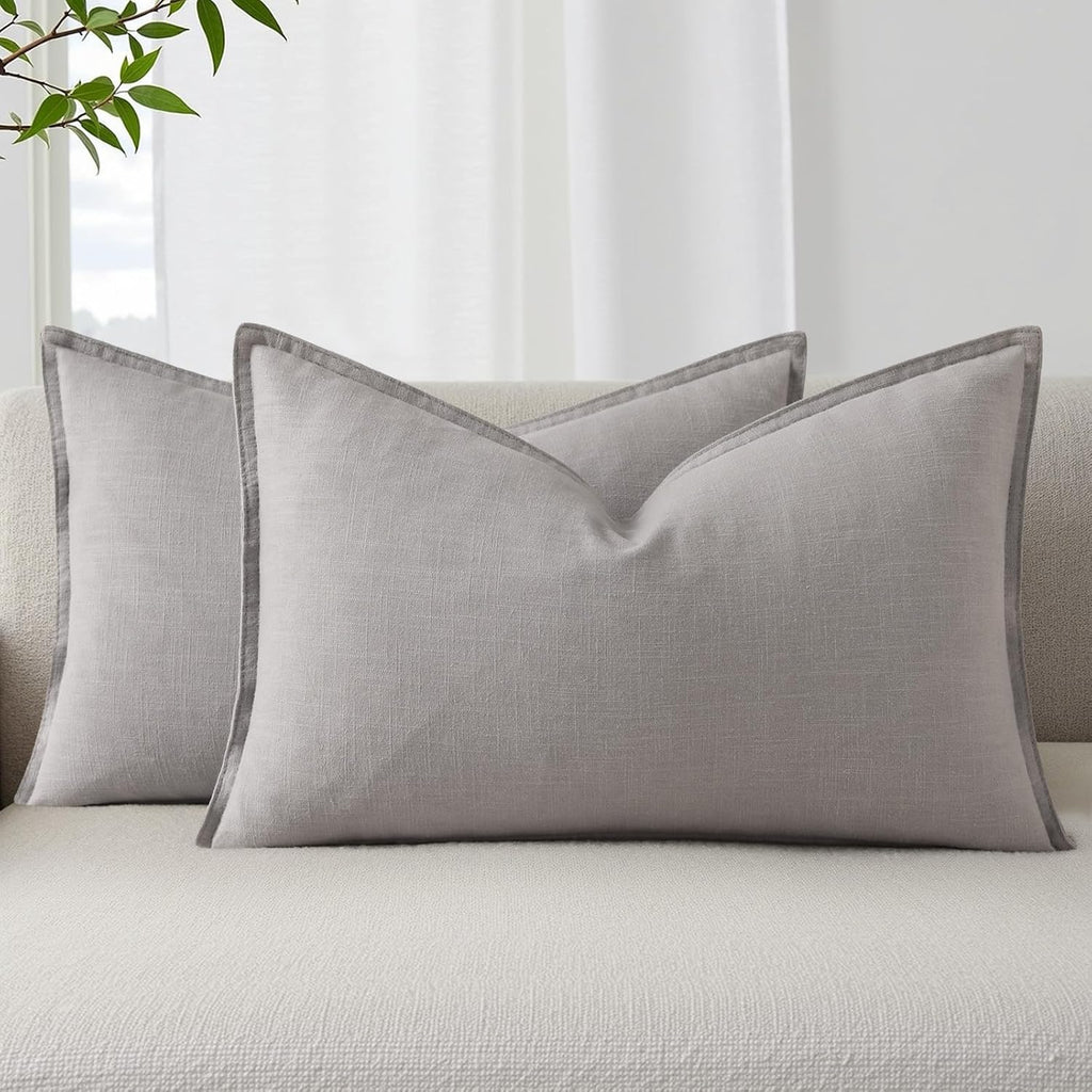 decorUhome Summer Decorative Linen Throw Pillow Covers 12x20 Inch Set of 2 Light Grey Lumbar Pillow Covers with Flange Edges Soft Farmhouse…