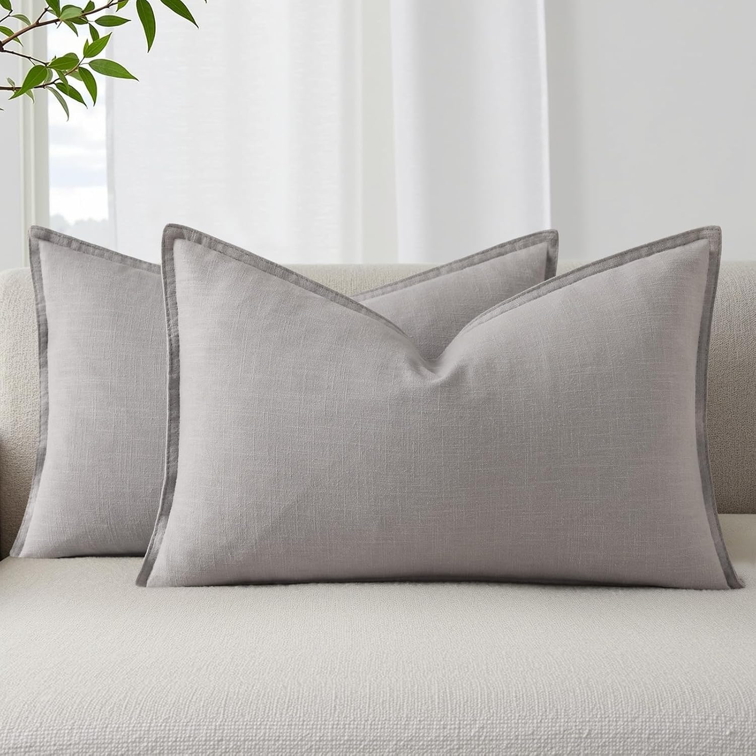 decorUhome Summer Decorative Linen Throw Pillow Covers 12x20 Inch Set of 2 Light Grey Lumbar Pillow Covers with Flange Edges Soft Farmhouse…