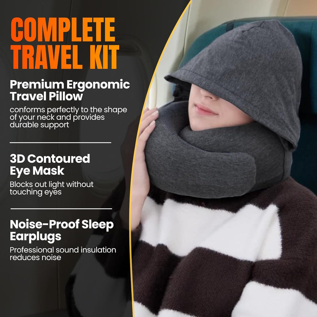 LOEXAIRTM Hooded Pro Travel Pillow - Memory Foam Neck Support Pillow for Airplane, Flight - Super-Soft Pure Cotton Fabric, Maximum Privacy…