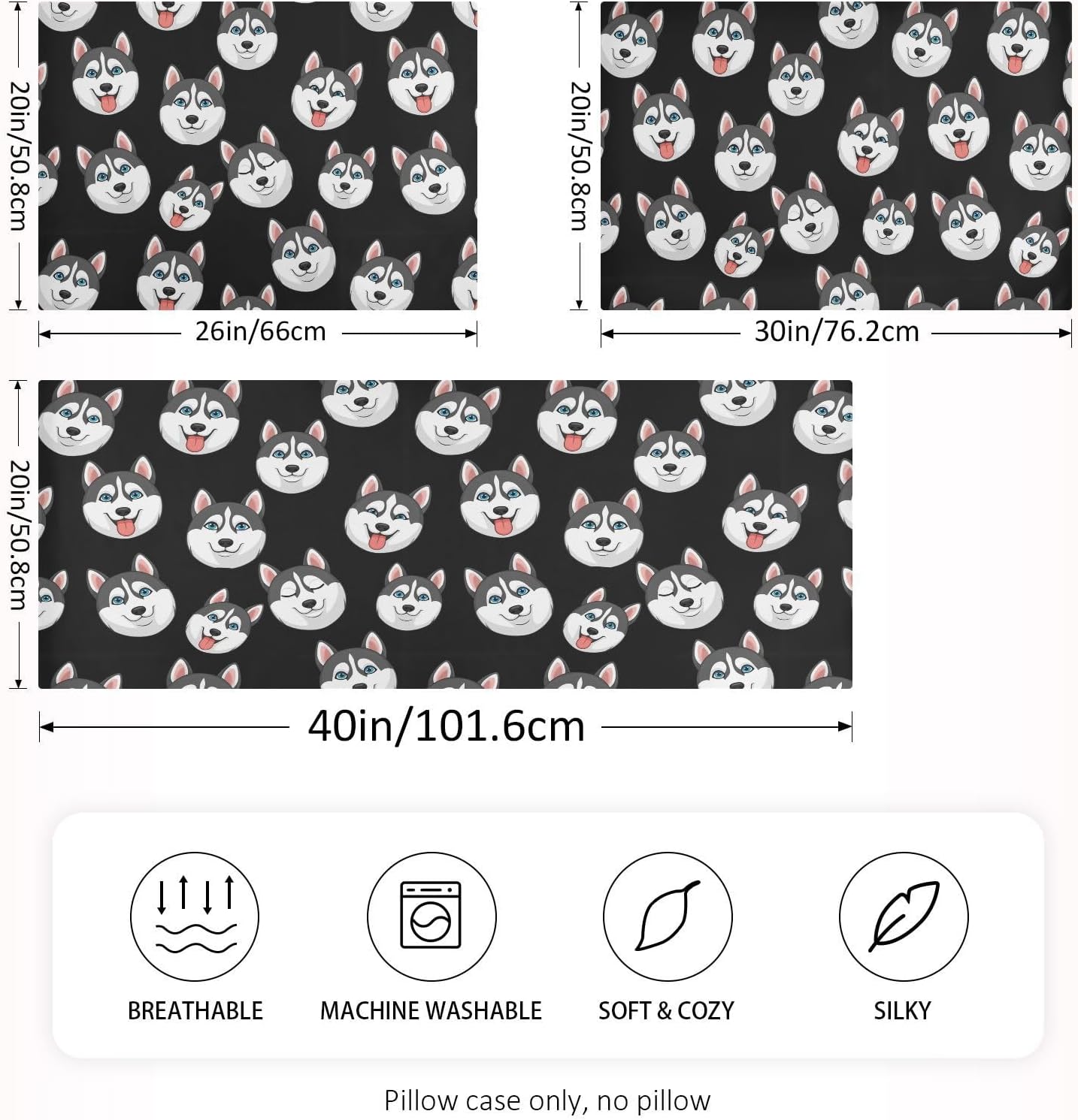 Cartoon Husky Dark Pillow Covers Silk Pillowcase for Hair and Skin Breathable Soft Satin Pillowcase Queen Size Pillow Case for Bedroom…
