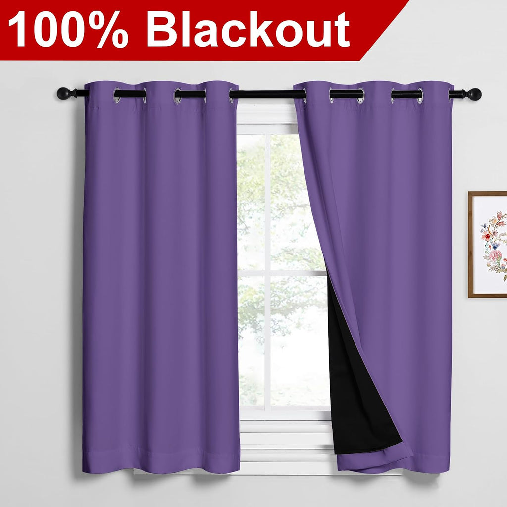 Nicetown Lilac Purple 100% Blackout Curtains 2 Panels with Black Liners, Thermal Insulated Full Blackout 2-Layer Lined Drapes, Noise Cancel…