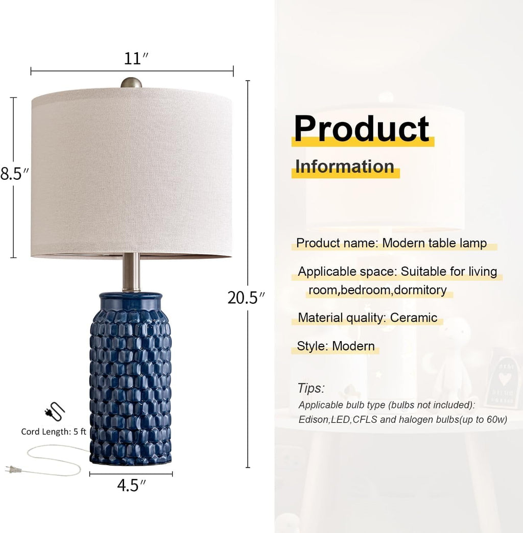 USumkky 20.5 inches Modern Ceramic Dark Blue Bedside Lamp Set of 2 for Bedroom Decor Farmhouse Table Lamp for Living Room Office Dorm