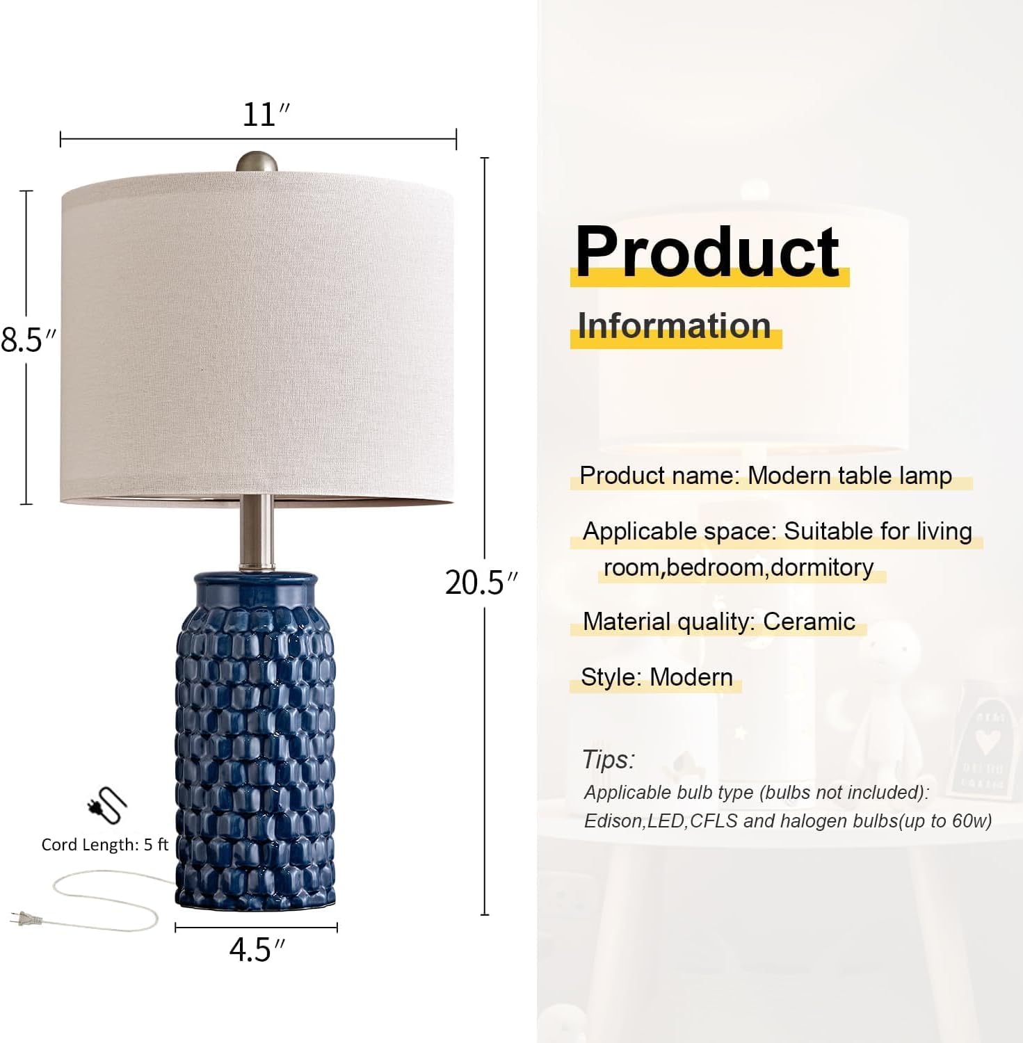USumkky 20.5 inches Modern Ceramic Dark Blue Bedside Lamp Set of 2 for Bedroom Decor Farmhouse Table Lamp for Living Room Office Dorm