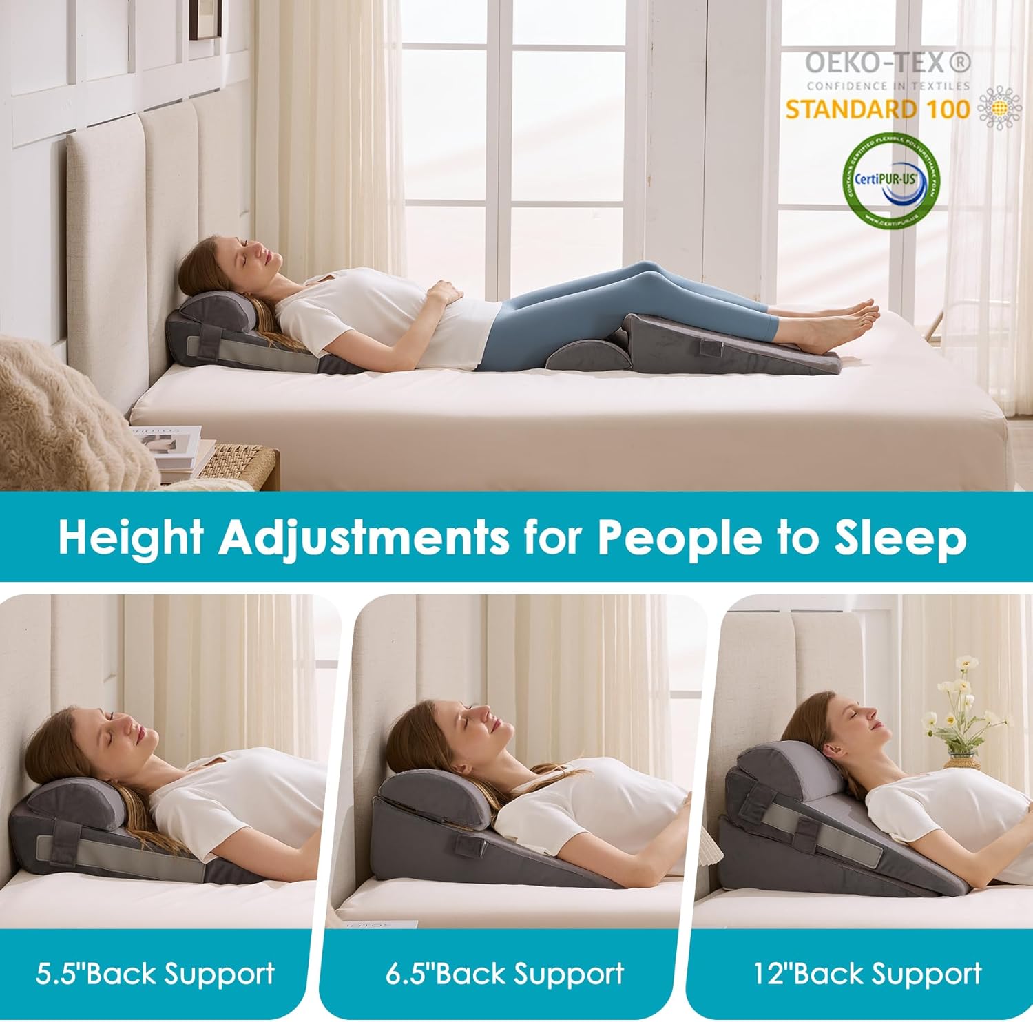 Wgakced 3Pcs Wedge Pillow Set for After Surgery, Acid Reflux Relief, Adjustable Bed Wedge Pillows for Sleeping, Anti Snore, Memory Foam Trian…