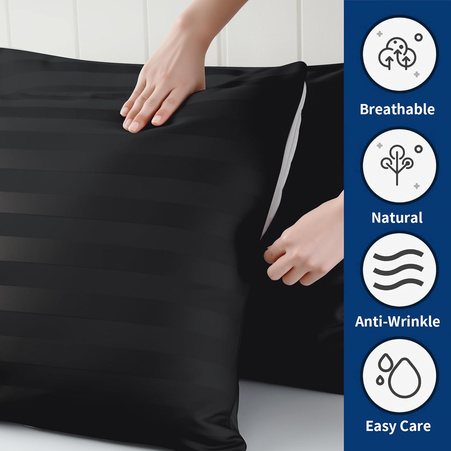 ZaizaiHome Pillow Cases Queen Size, 100% Egyptian Cotton Pillow Protectors with Zipper, 400 Thread Count Sateen Weave Black Stripe Pillowca…