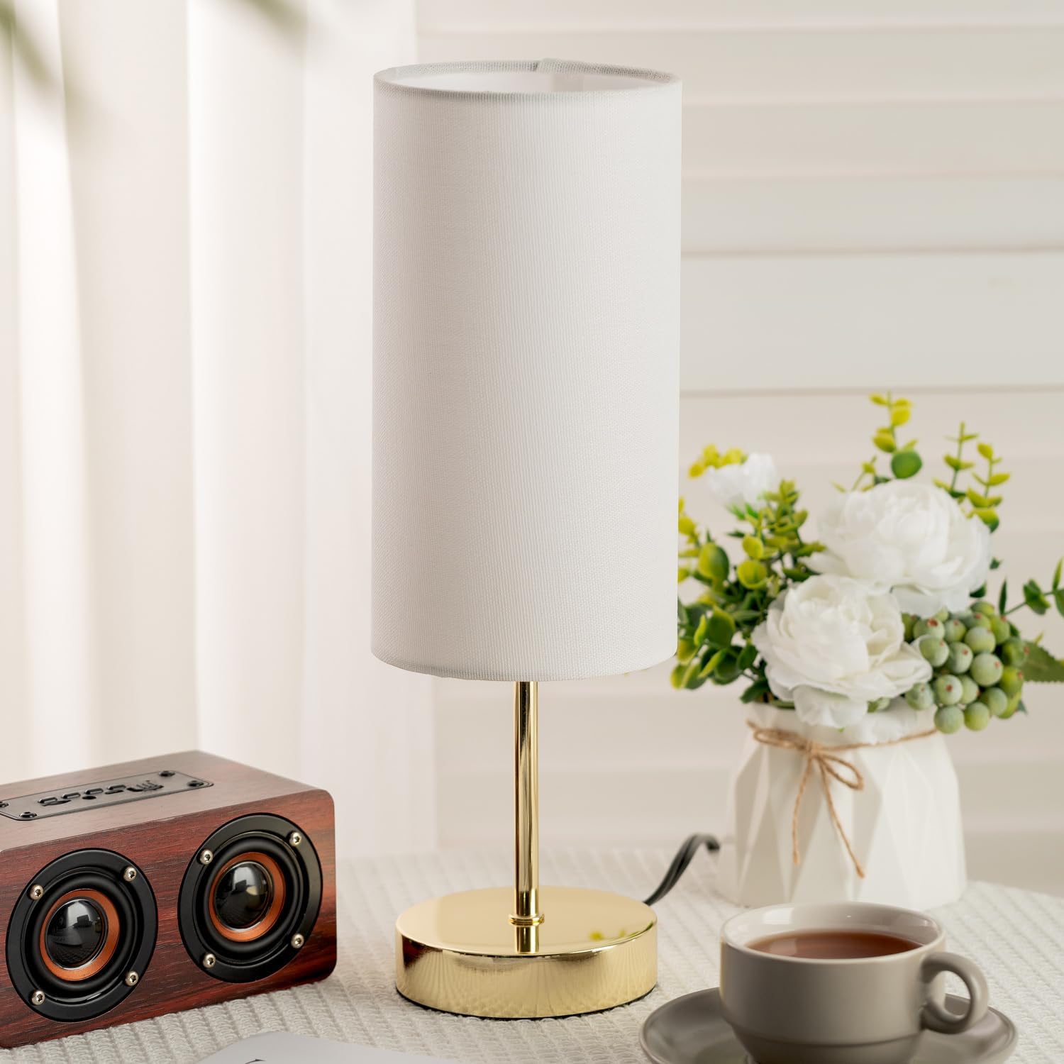 Small Nightstand Table Lamp for Bedroom, Round White Fabric Shade and Gold Metal Base, Modern Minimalist Bedside Lamps for Dresser…