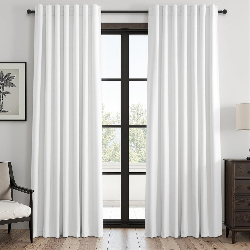 Topfinel 90 inch long 100% Blackout linen curtains 2 Panels set Beige White Window Drapes with Back Tab Rod Pocket Light Blocking Room dark…