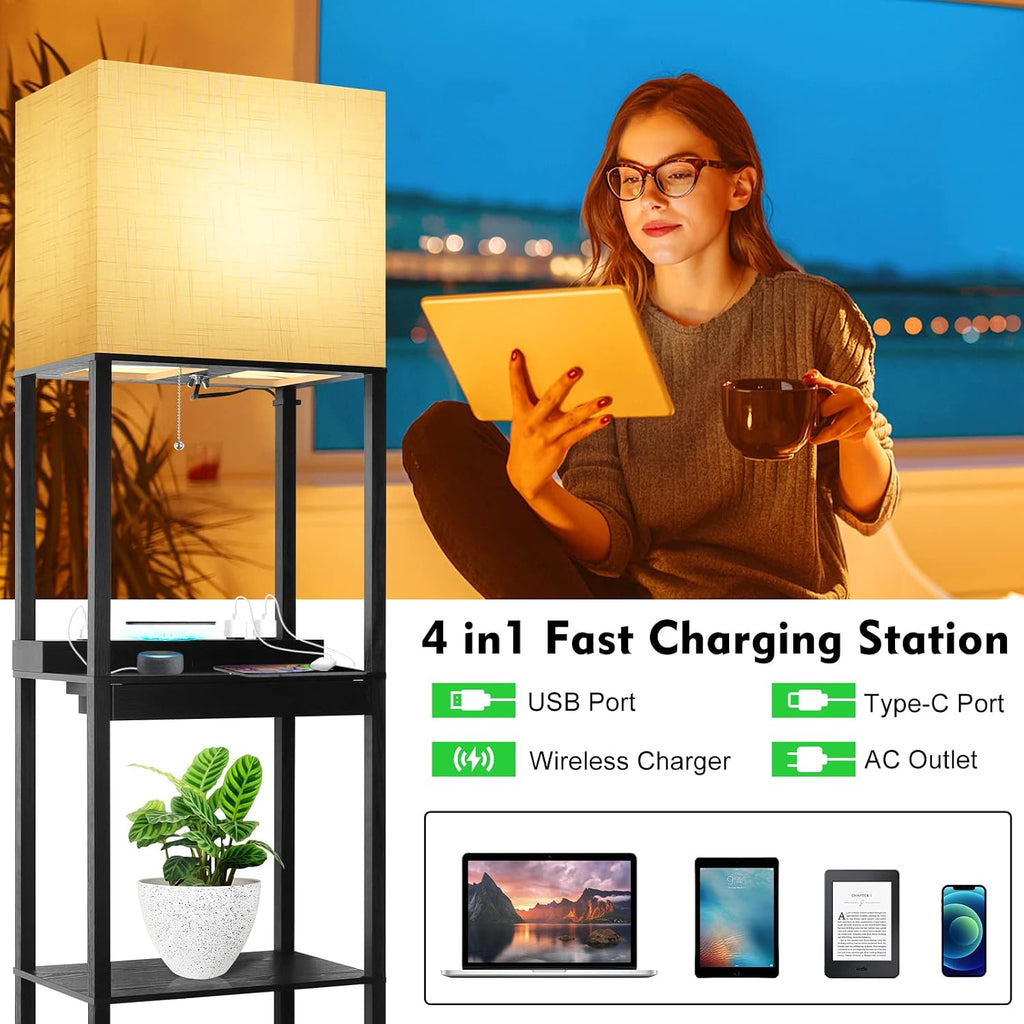 RUNTOP Plus Charging Station Floor Lamp with Wireless Charger, 2 USB-C Port, 2 Power Outlet, Floor Lamp with Shelves, 15W LED Bulb, 3…