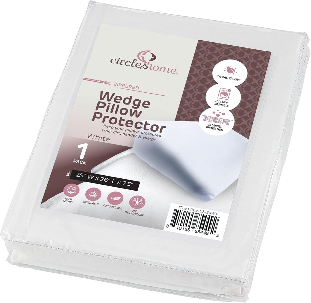 CirclesHome Wedge Pillow Cover 100% Cotton, Zippered Wedge Pillow Case Protector, Soft, Hypoallergenic & Breathable -White, (25Wx26Lx7.5) 7…
