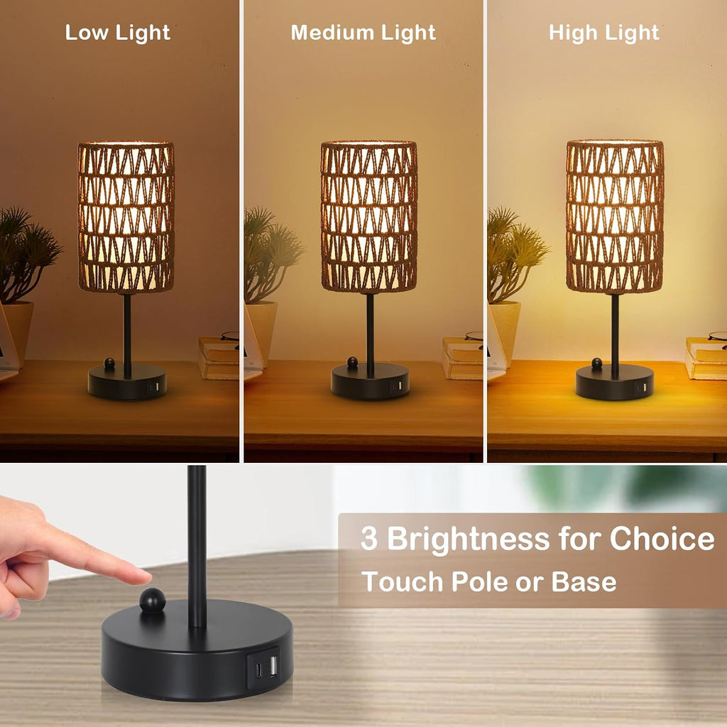 Bedside Lamps Set of 2, Touch Control Night Stand Lamp for Bedroom with Rattan & Linen Shade & Bulbs, 3 Way Dimmable Small Boho Table…