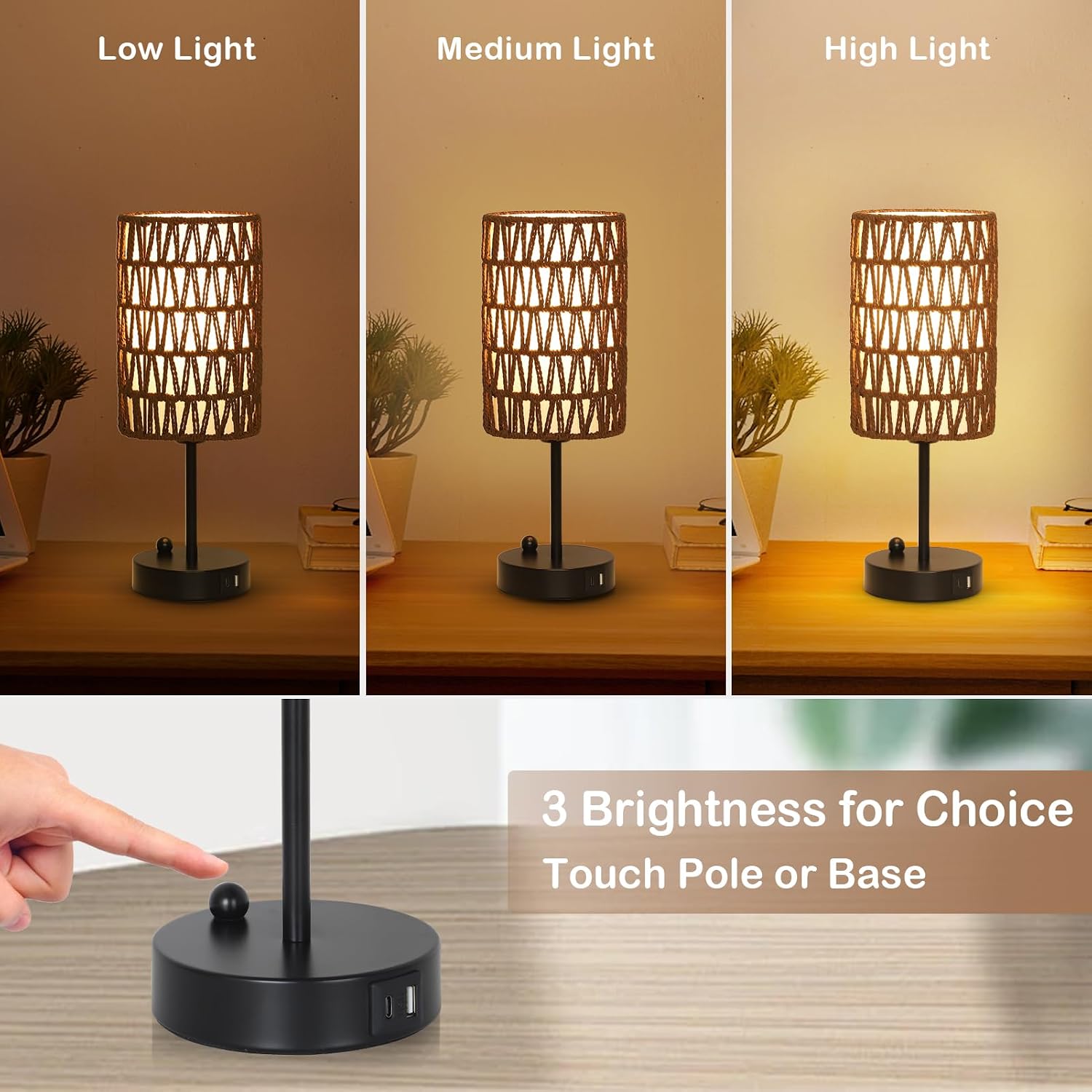 Bedside Lamps Set of 2, Touch Control Night Stand Lamp for Bedroom with Rattan & Linen Shade & Bulbs, 3 Way Dimmable Small Boho Table…