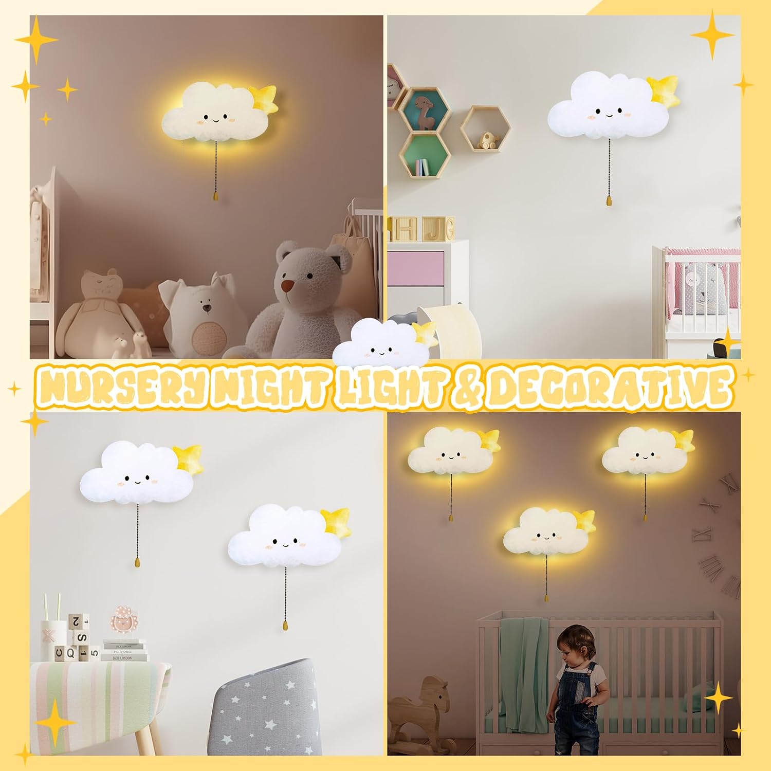 Aurelema Cloud Night Light Wall Lamp Sleeping Nursery Lighting Cute Floating Battery Operated Hanging Lamp for Baby Boys Girls Bedroom…