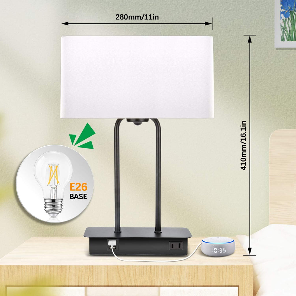 3-Way Dimmable Touch Control Table Lamp with 2 USB Ports and AC Power Outlet Modern Bedside Nightstand Lamp Fabric Shade and Metal Base…