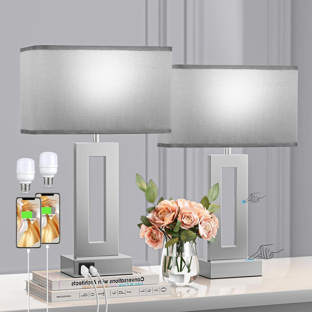 Seealle Bedroom Table Lamps Set of 2 - Grey Touch Bedside Lamps with USB C+A, 3 Way Dimmable Gold Lamp for Nightstand, Modern Night…