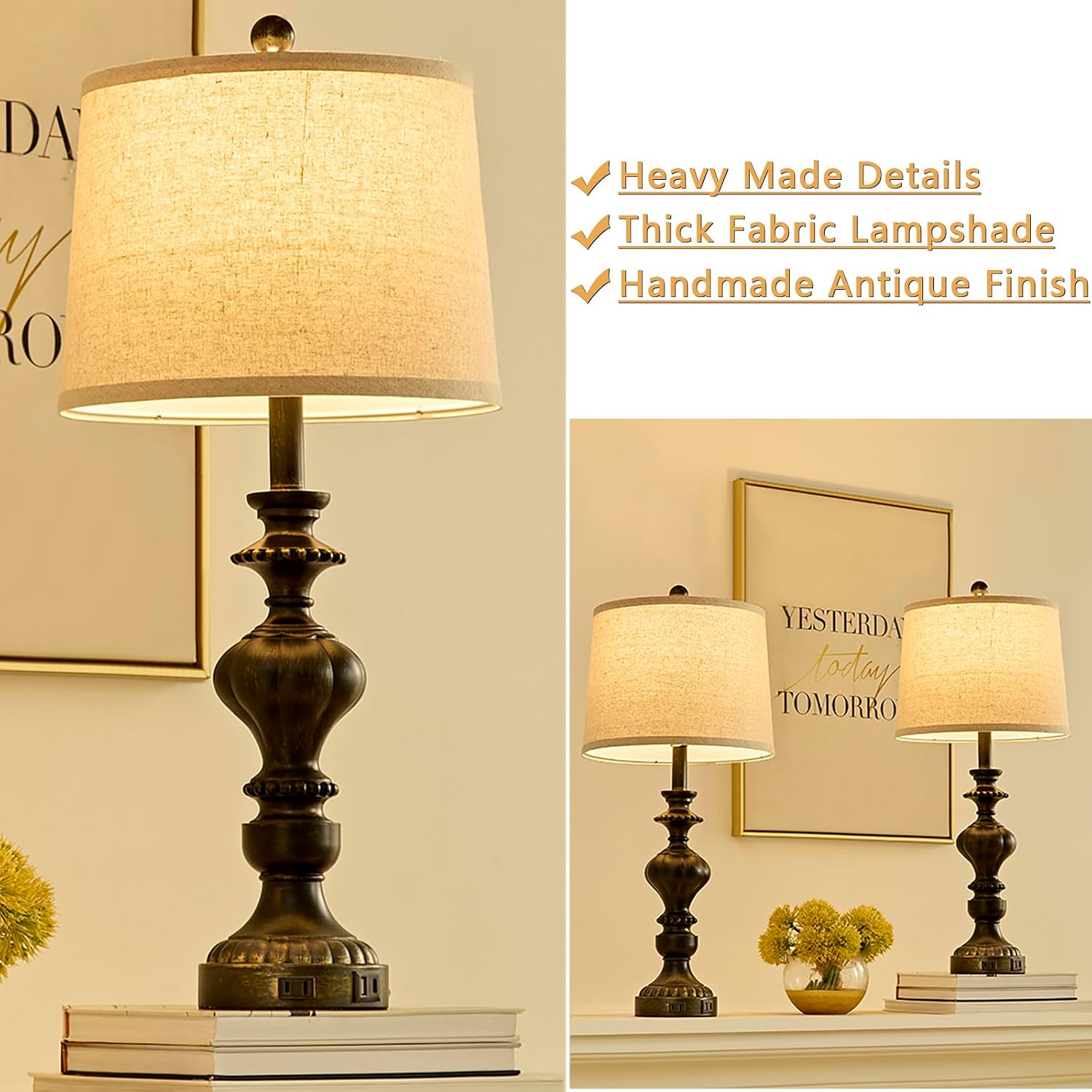SAIWEYA 27.5" Farmhouse Table Lamps Set of 2 Bedside Lamp with USB C+A Ports & AC Outlet, 3 Way Dimmable Lamps for Bedroom Living Room…