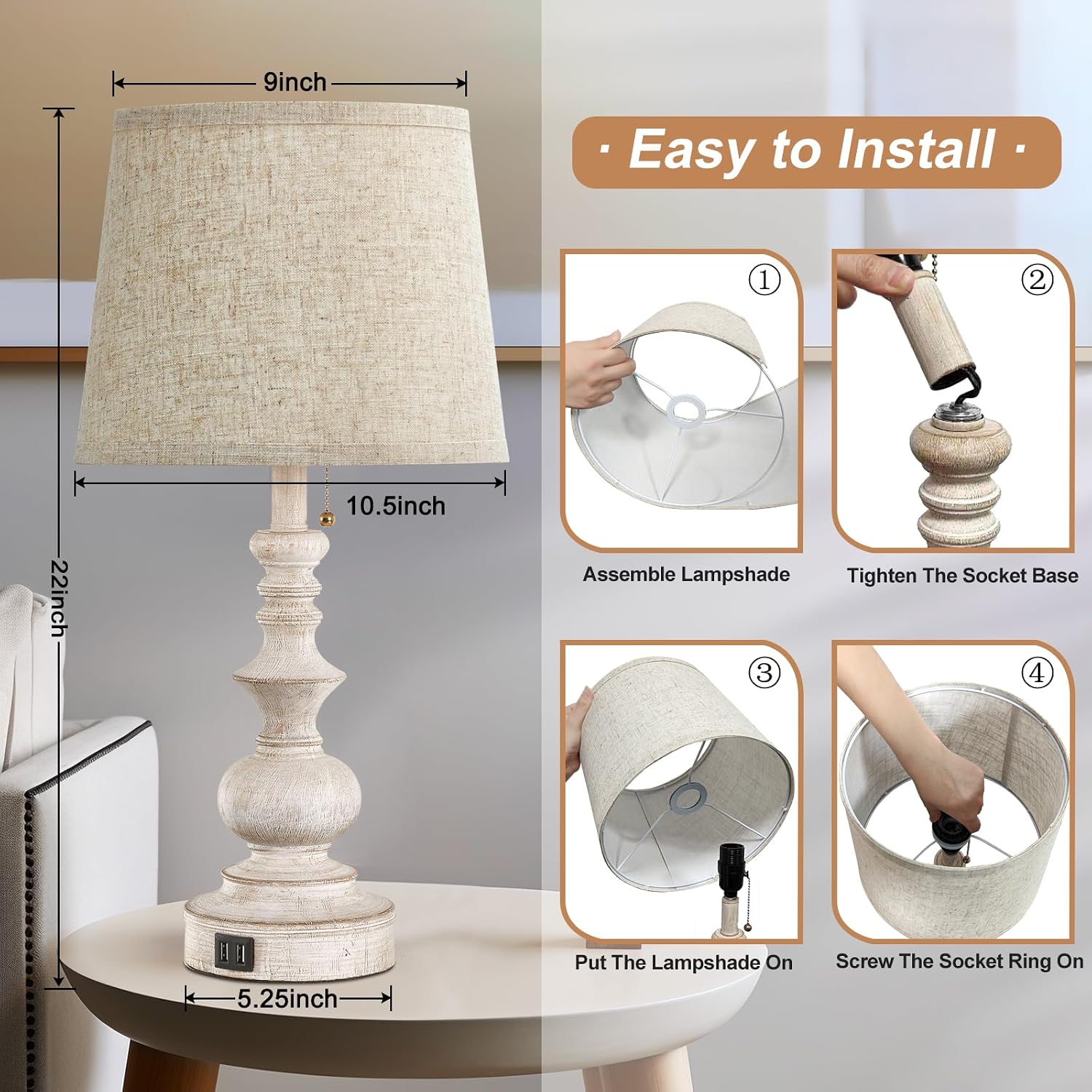 Drawealth Table Lamps for Bedrooms Set of 2 Farmhouse Bedside Lamps for Nightstand with USB Charging Ports Traditional Side Table Lamps…